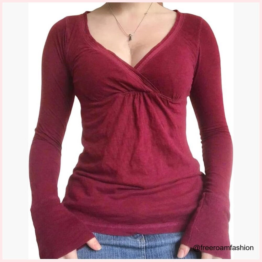 Long Sleeve V-Neck T-Shirt Y2K Grunge Aesthetic Slim Fit Polyester
